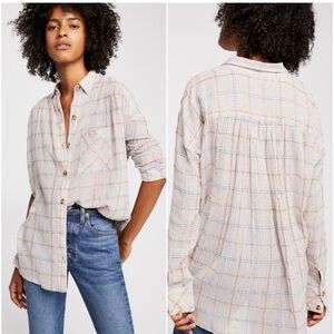 Free People Plaid Button Down Shirt - Cream and Blue